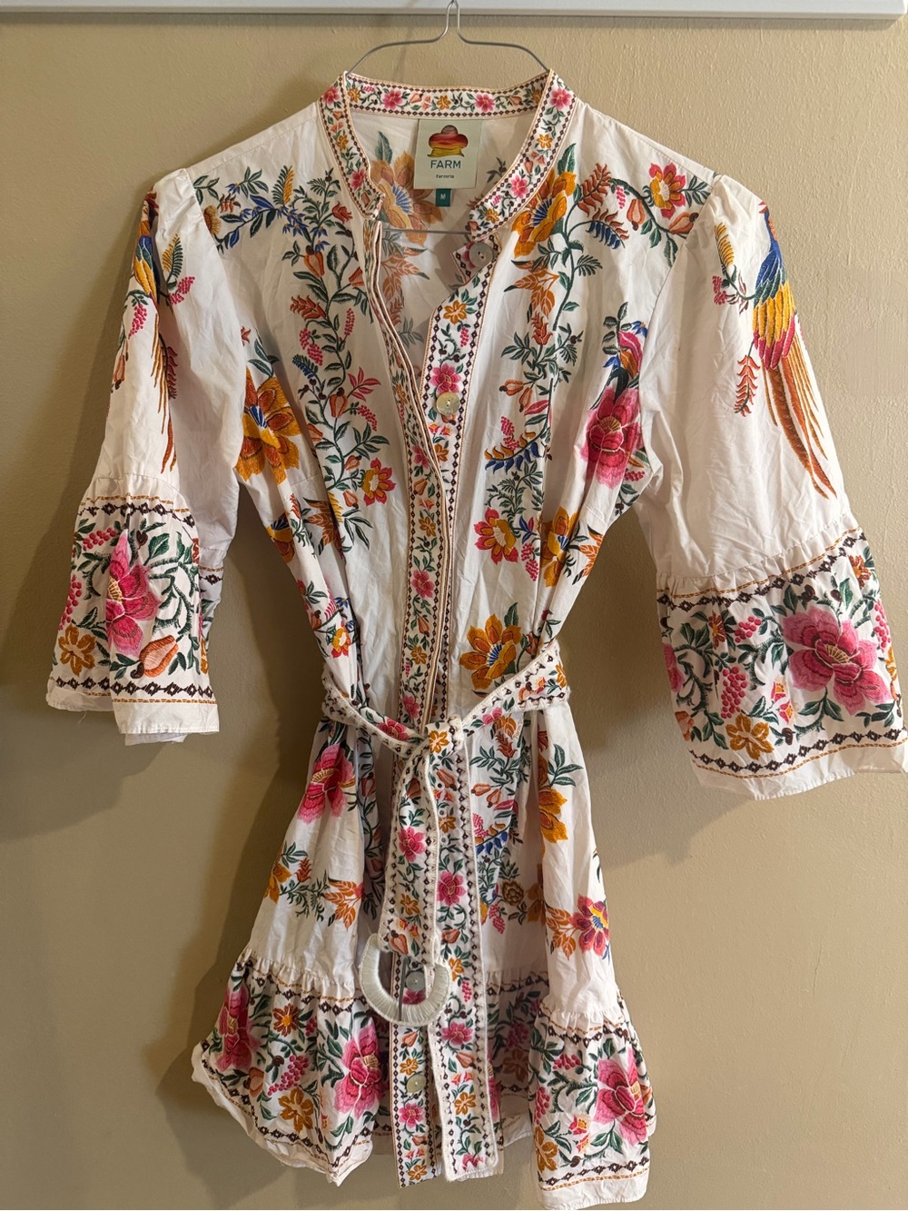 FARM Rio White Mini Dress with Multicolor Floral Embroidery